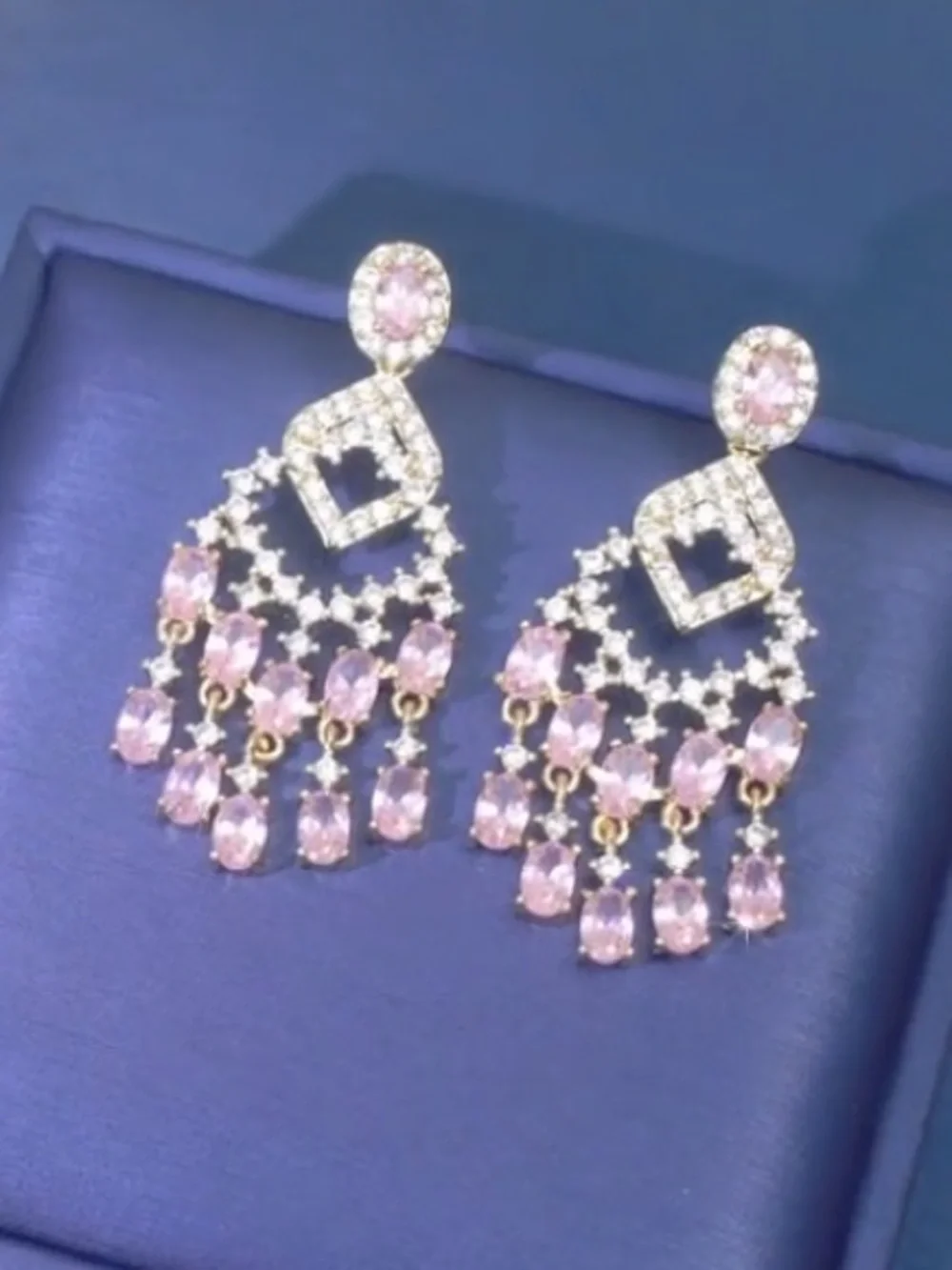 Gold-Tone Pink Crystal Chandelier Earrings